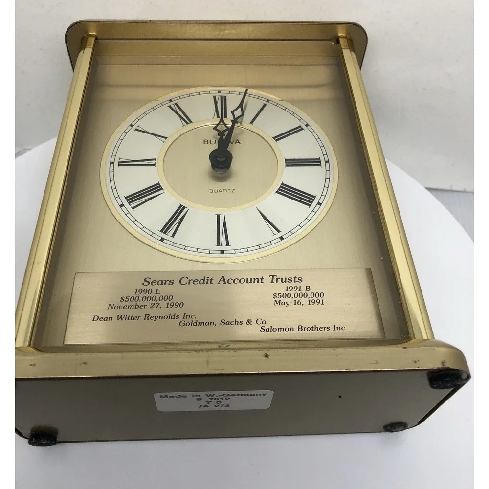 Vintage Bulova Clock Heavy‎ Brass Quartz Mantel Clock, Germany, Sears, Works!